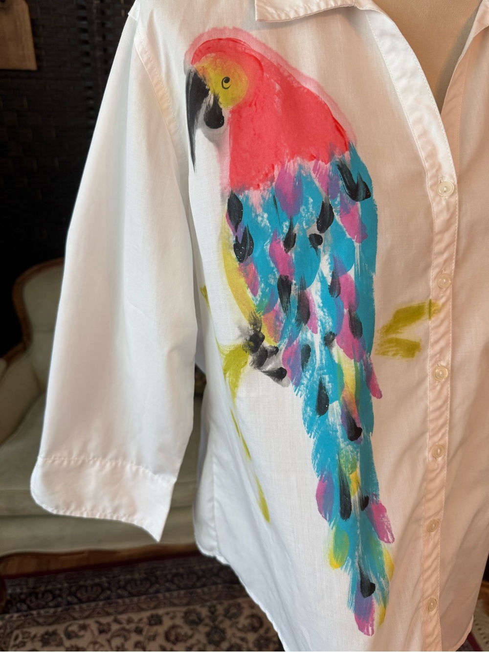 🦜🎨 Vintage J. Palmer Hand-Painted Tropical Parrot Button-Up Shirt Maui Hawaii M - Picture 5 of 13
